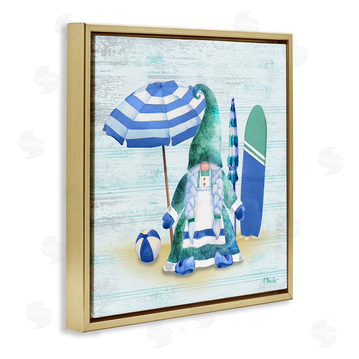Paul Brent Coastal Gnome Braided Summer Surfer Gold Floating Frame Canvas Wall Art Print