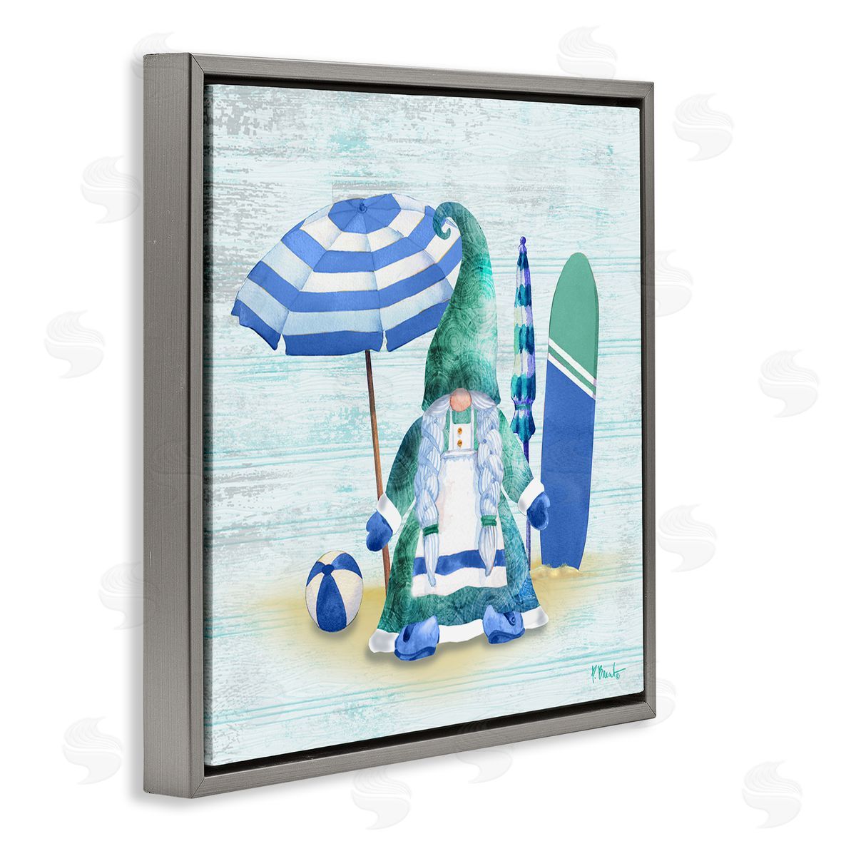 Paul Brent Coastal Gnome Braided Summer Surfer Gray Floating Frame Canvas Wall Art Print