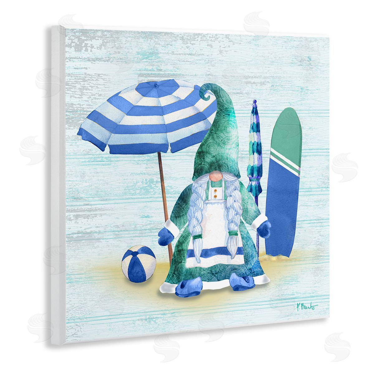 Paul Brent Coastal Gnome Braided Summer Surfer Wooden Wall Plaque Art Print