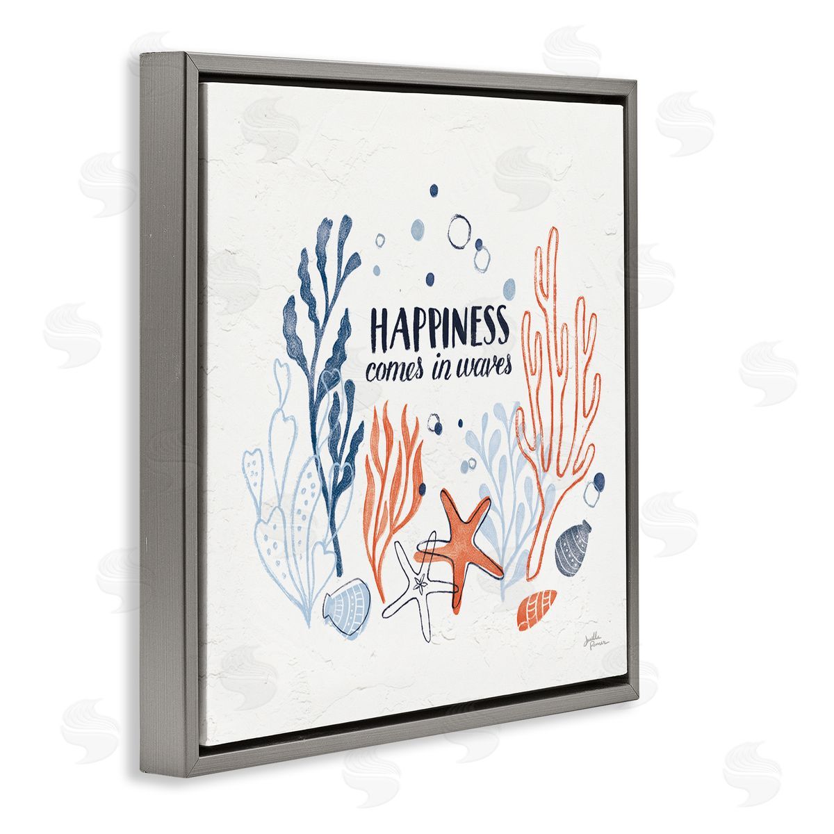 Janelle Penner Happiness Comes In Waves Sea Life Gray Floating Frame Canvas Wall Art Print