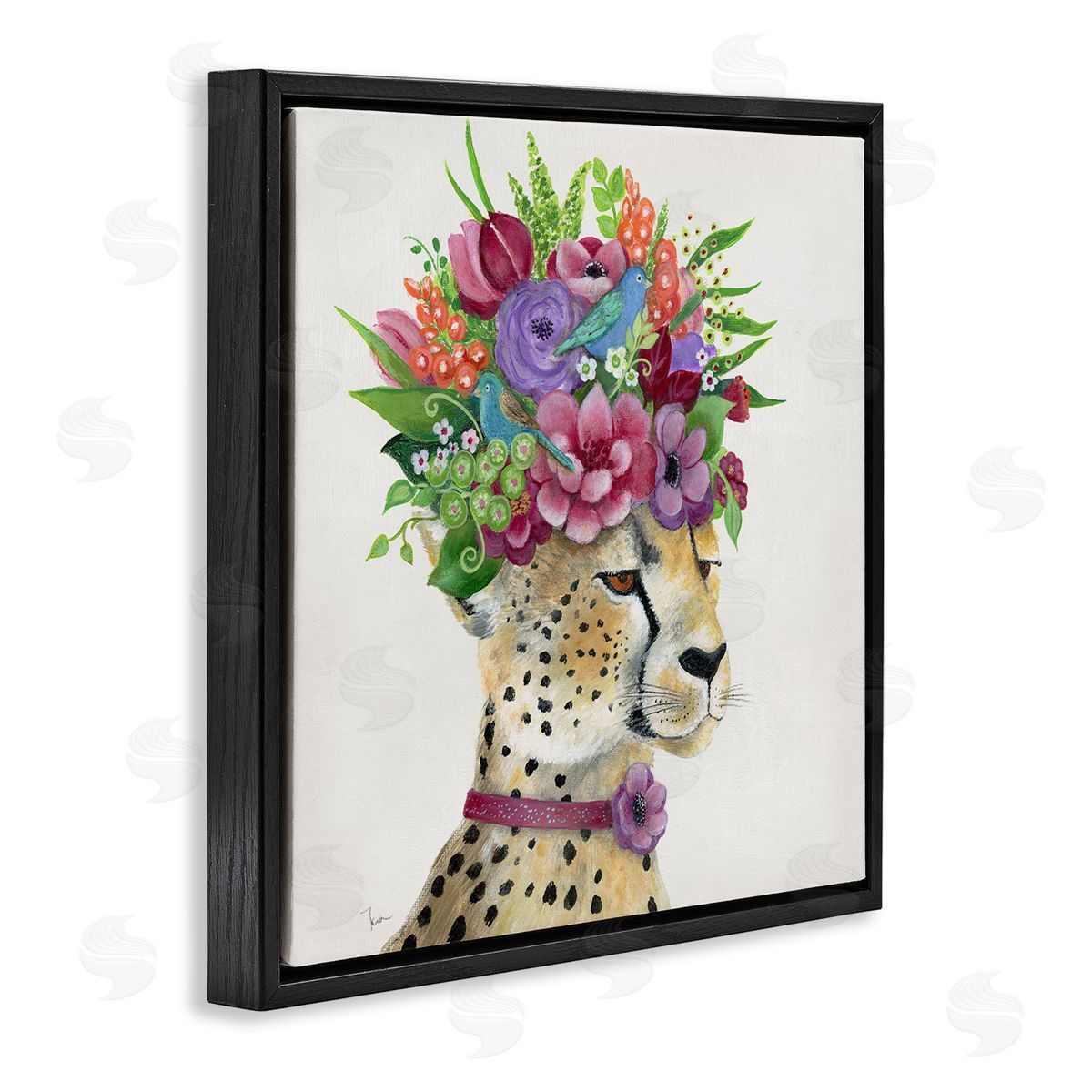 Tava Studios Whimsical Cheetah Flower Crown Black Floating Frame Canvas Wall Art Print