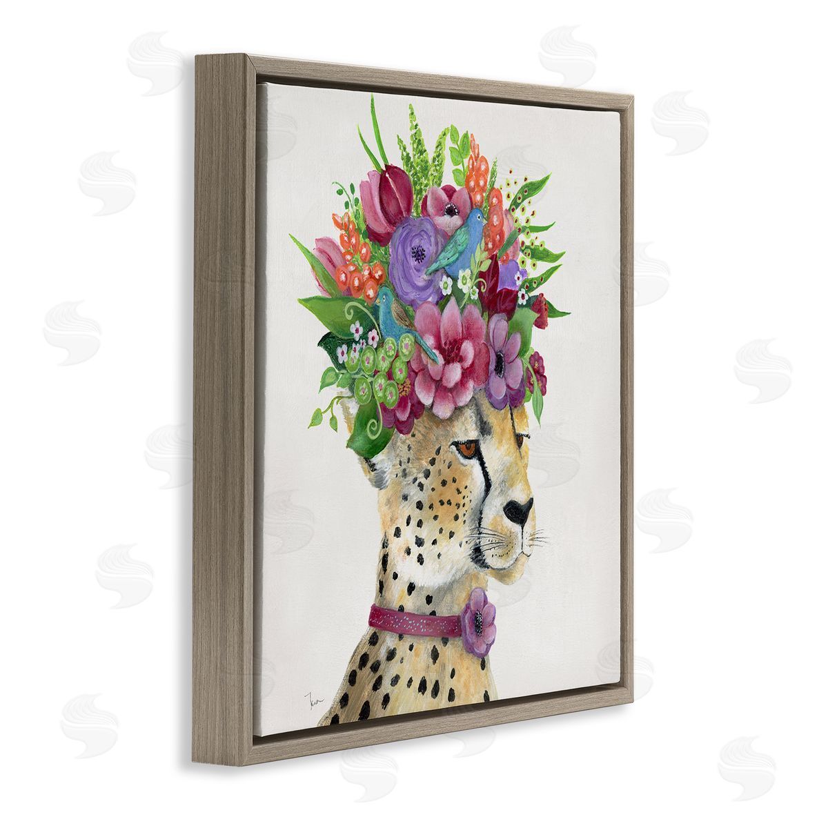 Tava Studios Whimsical Cheetah Flower Crown Brown Floating Frame Canvas Wall Art Print