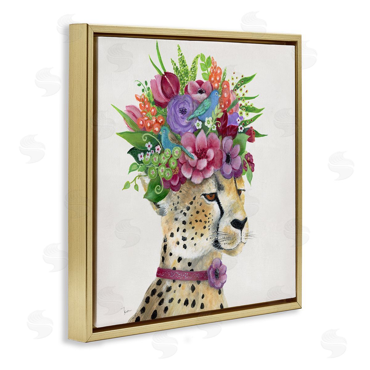 Tava Studios Whimsical Cheetah Flower Crown Gold Floating Frame Canvas Wall Art Print