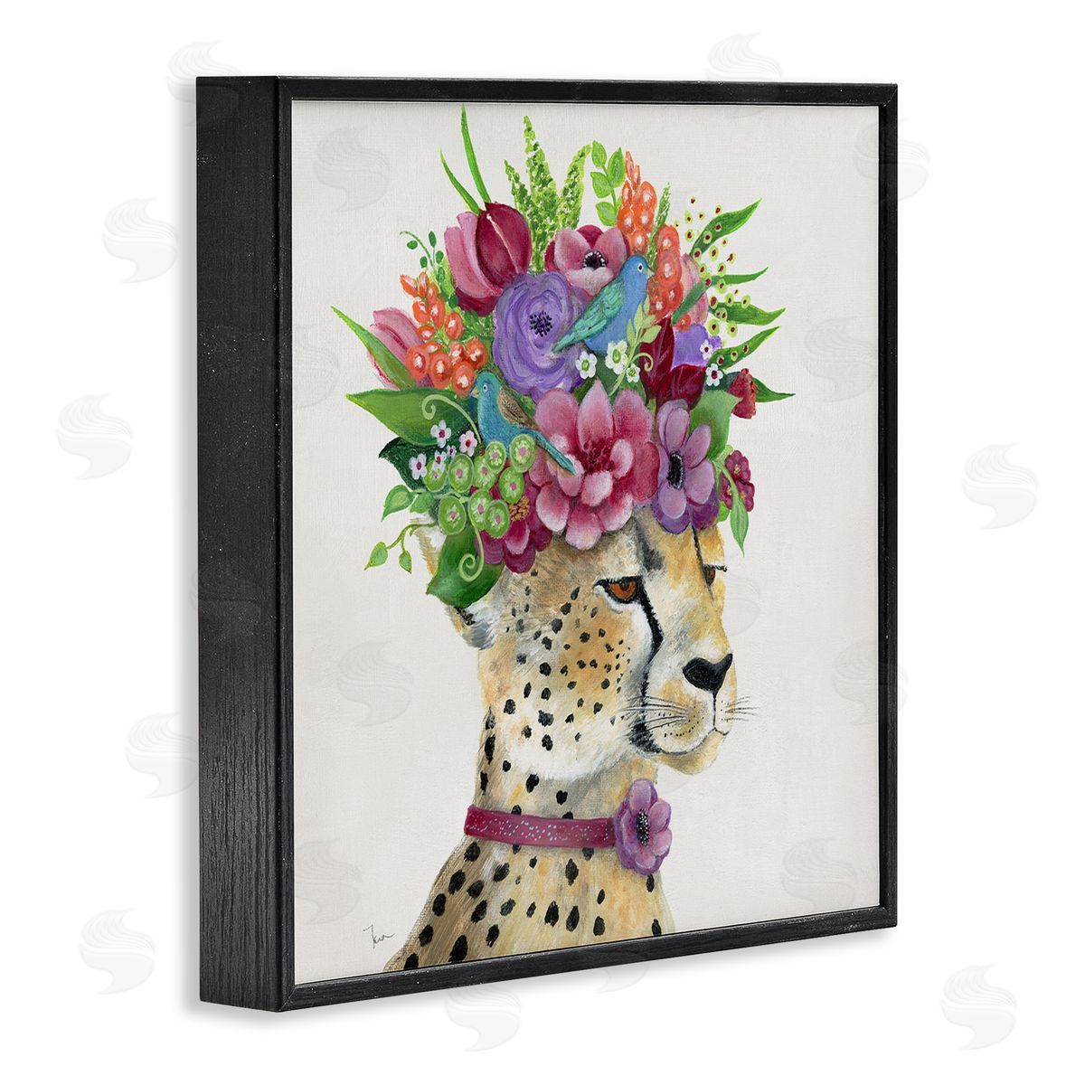 Tava Studios Whimsical Cheetah Flower Crown Black Framed Glicee Wall Art Print
