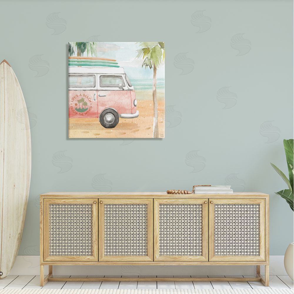 Dina June Life's a Beach Pink Surf Van Canvas Wall Art in Room