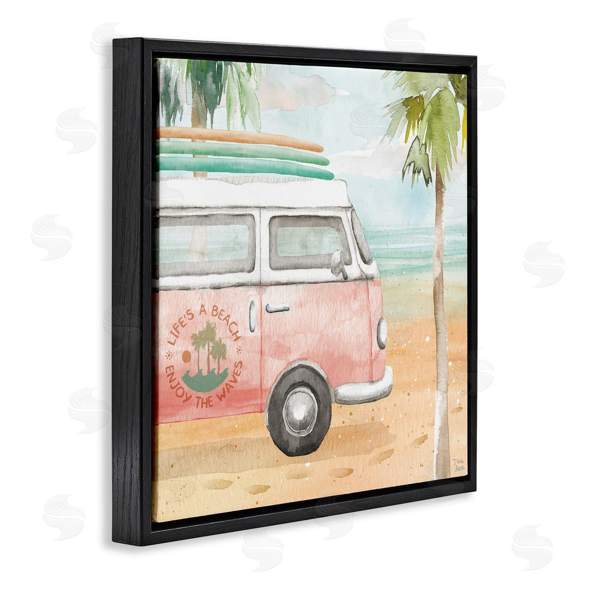 Dina June Life's a Beach Pink Surf Van Black Floating Frame Canvas Wall Art Print