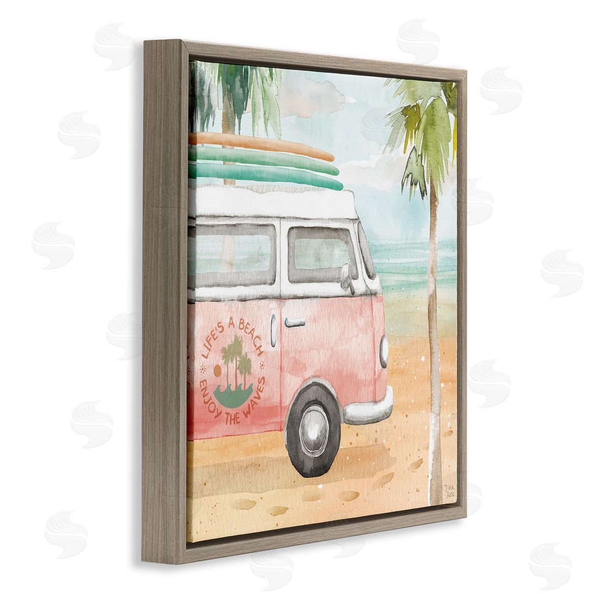 Dina June Life's a Beach Pink Surf Van Brown Floating Frame Canvas Wall Art Print