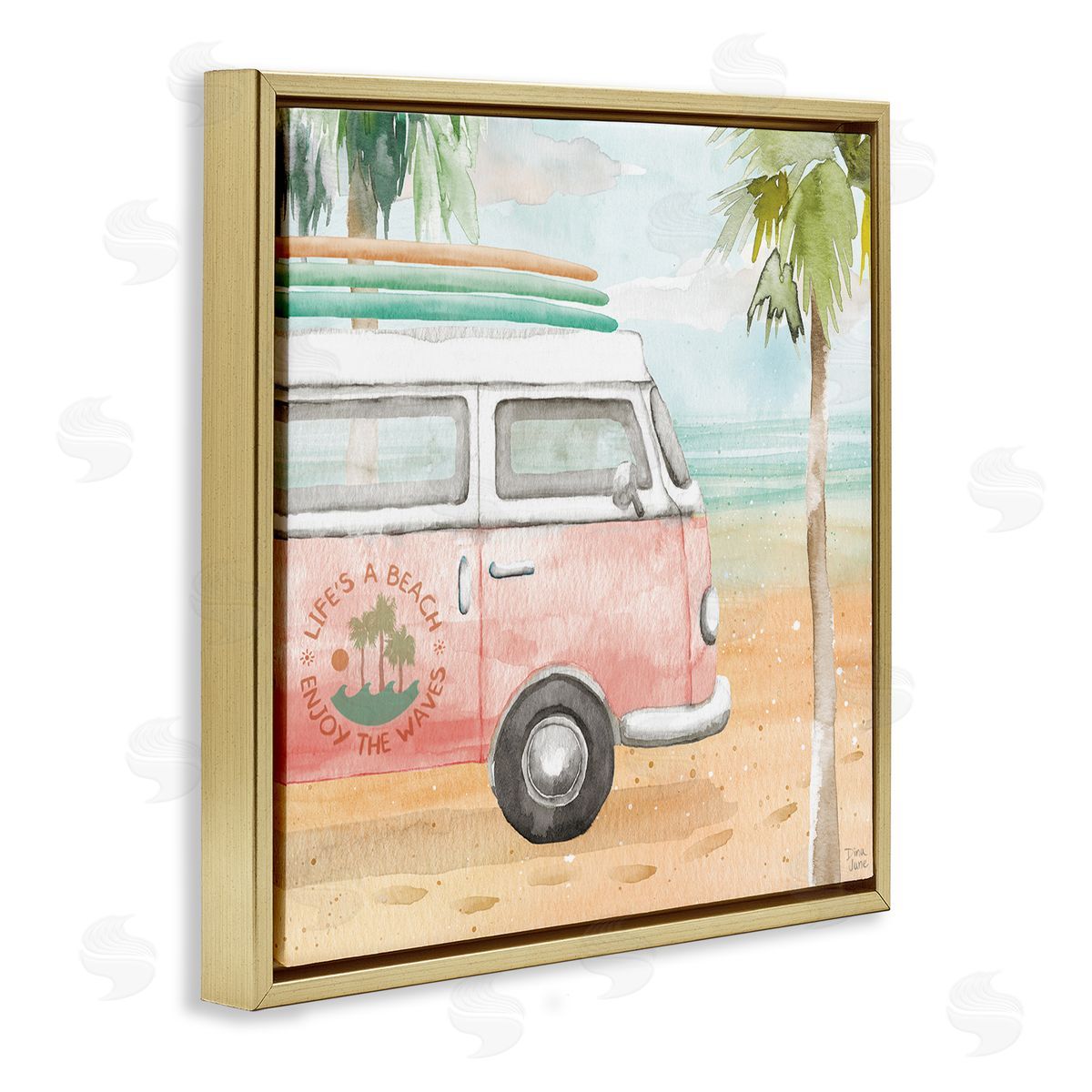 Dina June Life's a Beach Pink Surf Van Gold Floating Frame Canvas Wall Art Print