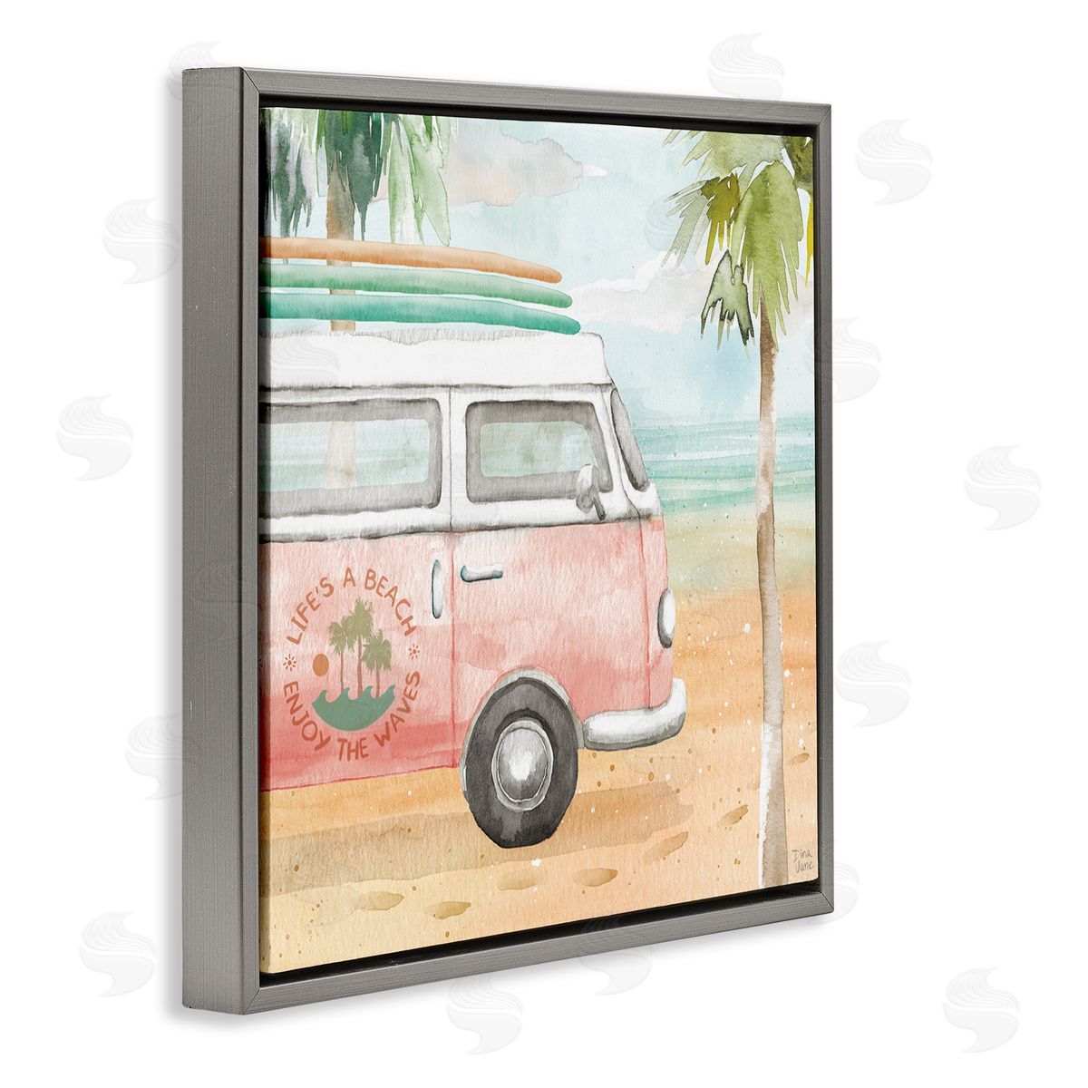 Dina June Life's a Beach Pink Surf Van Gray Floating Frame Canvas Wall Art Print