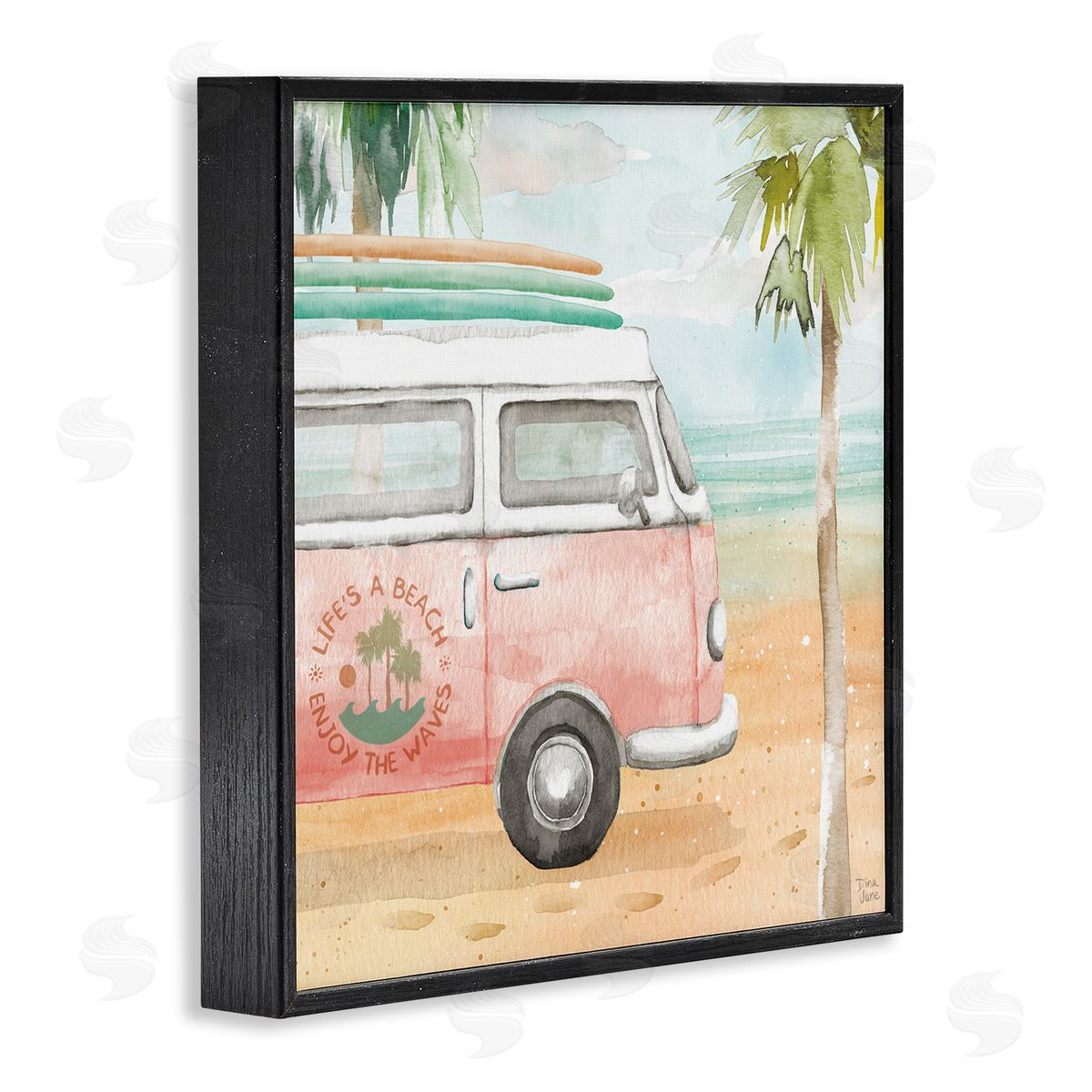 Dina June Life's a Beach Pink Surf Van Black Framed Glicee Wall Art Print