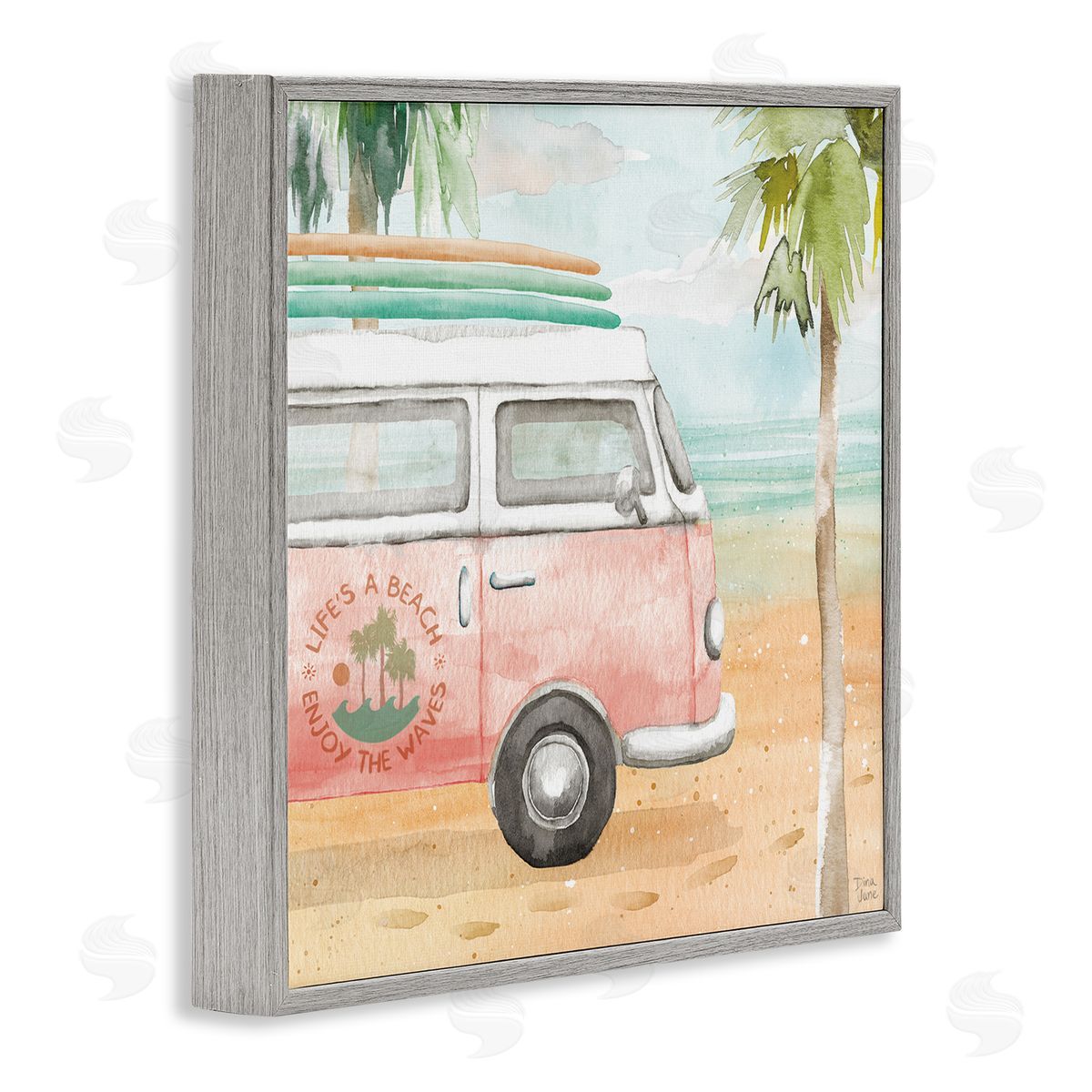Dina June Life's a Beach Pink Surf Van Gray Framed Glicee Wall Art Print