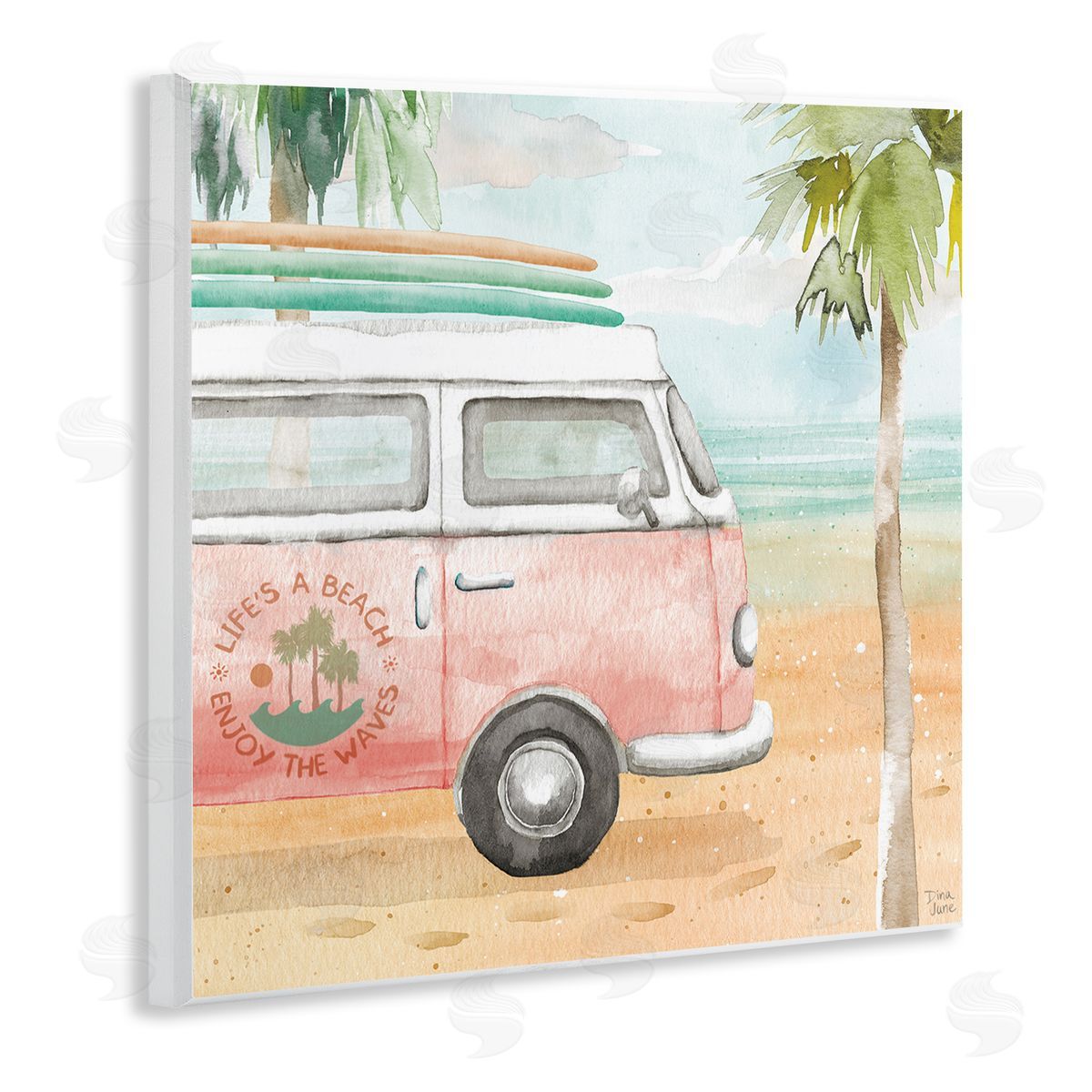Dina June Life's a Beach Pink Surf Van Wooden Wall Plaque Art Print