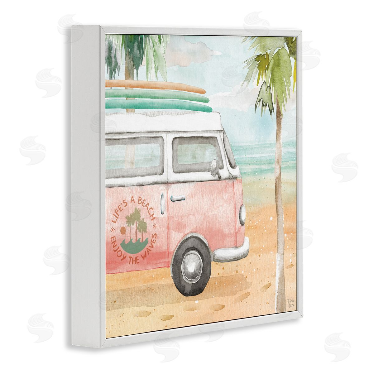 Dina June Life's a Beach Pink Surf Van White Framed Glicee Wall Art Print