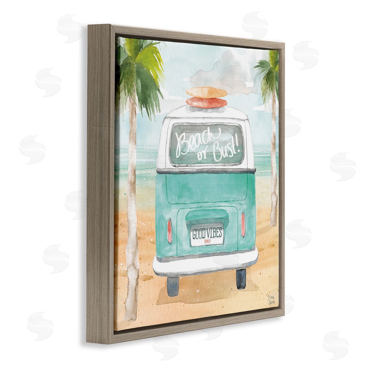 Dina June Beach or Bust Blue Surf Cruiser Brown Floating Frame Canvas Wall Art Print