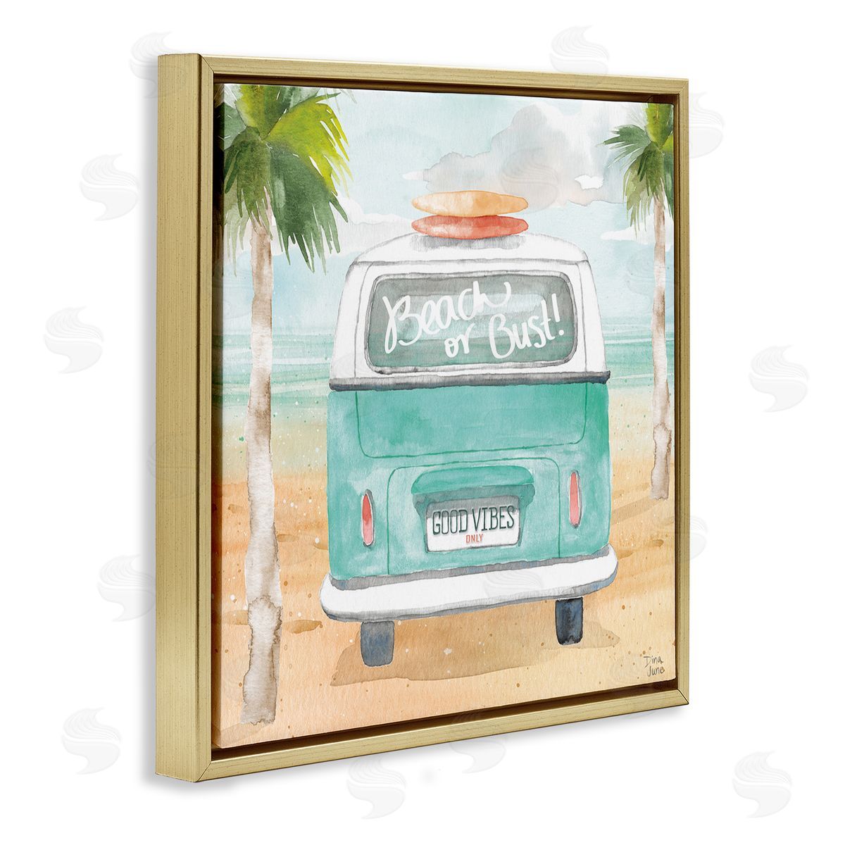 Dina June Beach or Bust Blue Surf Cruiser Gold Floating Frame Canvas Wall Art Print