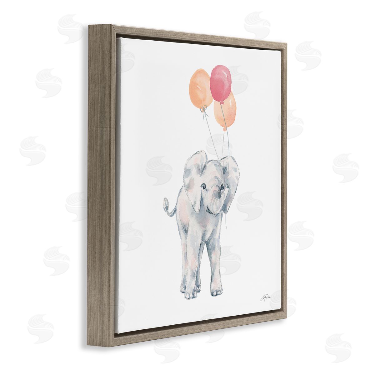 Katrina Pete Smiling Elephant Orange Balloons Brown Floating Frame Canvas Wall Art Print