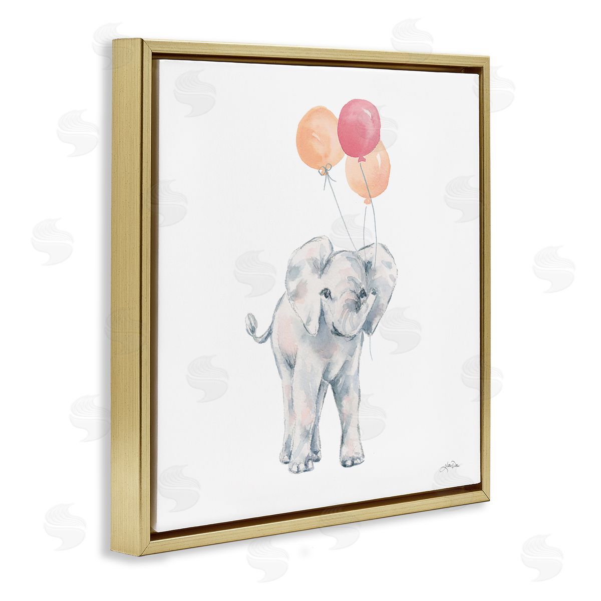 Katrina Pete Smiling Elephant Orange Balloons Gold Floating Frame Canvas Wall Art Print