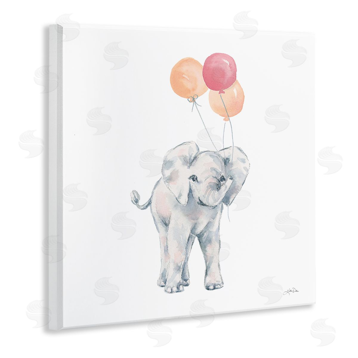 Katrina Pete Smiling Elephant Orange Balloons Wooden Wall Plaque Art Print