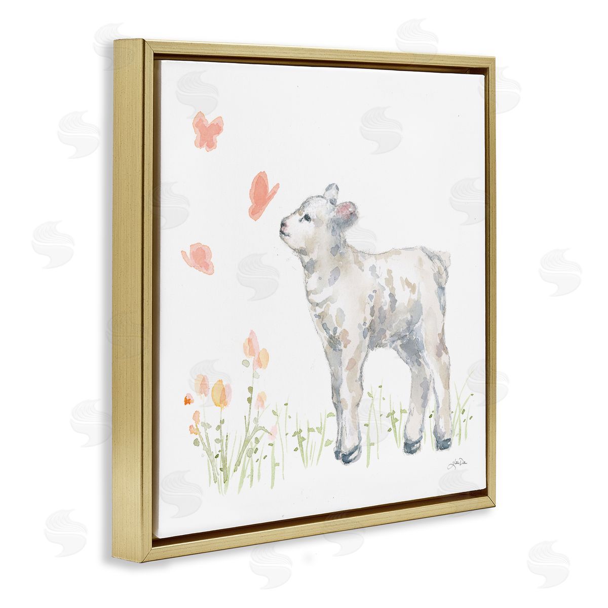 Katrina Pete Sweet Baby Lamb Butterfly Meadow Gold Floating Frame Canvas Wall Art Print