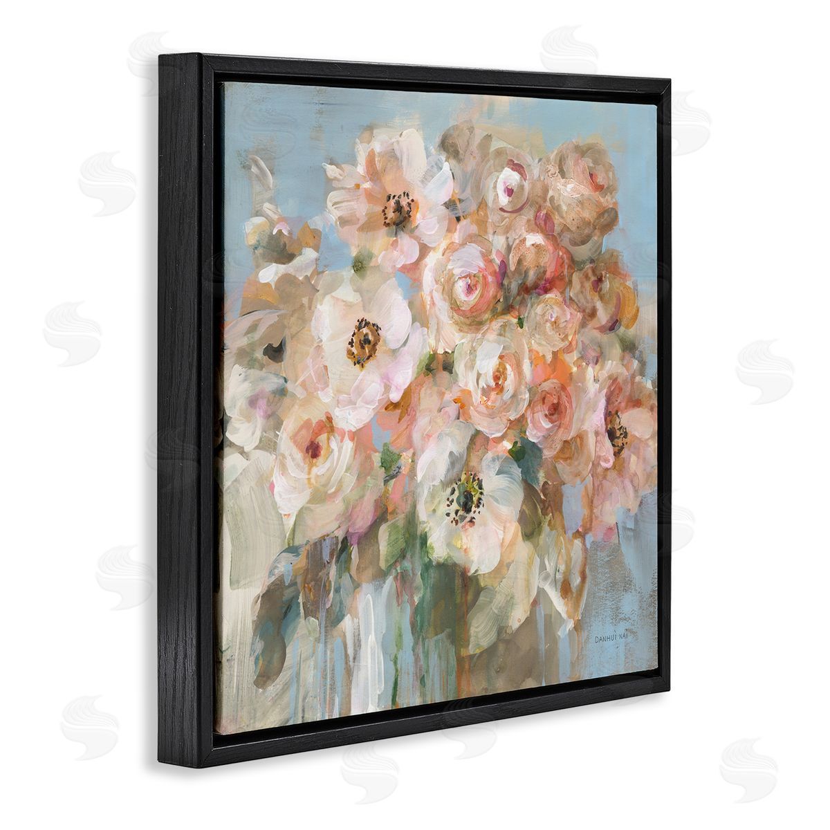 Blushing Bouquet Pink White Floral Black Floating Frame Canvas Wall Art, Home Decor by Danhui Nai