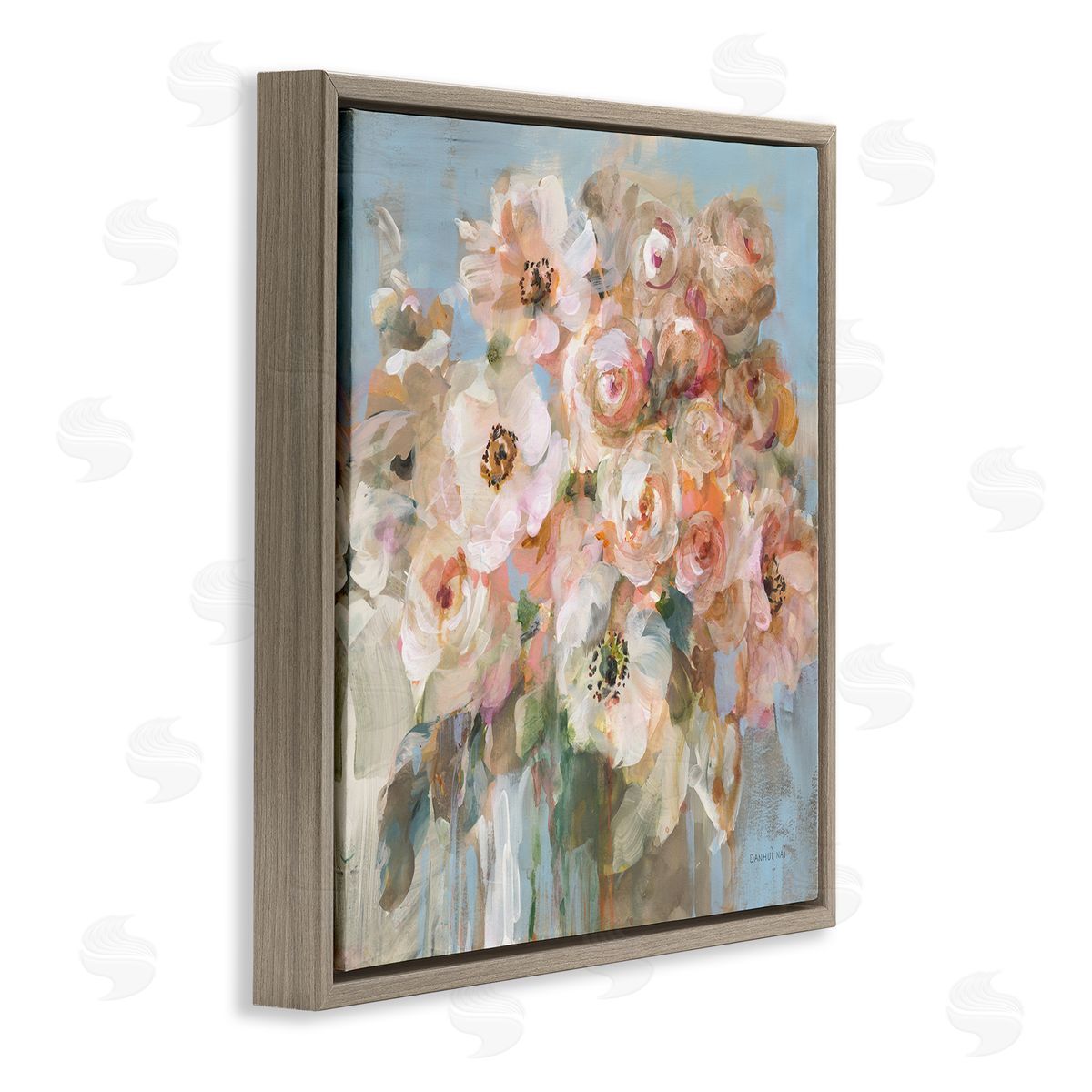 Blushing Bouquet Pink White Floral Brown Floating Frame Canvas Wall Art, Home Decor by Danhui Nai
