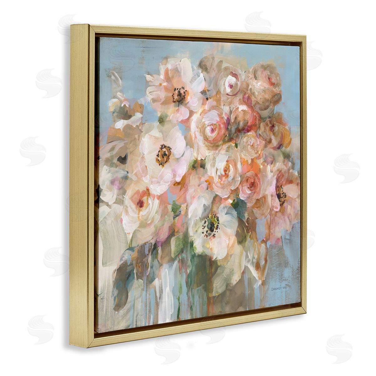 Blushing Bouquet Pink White Floral Gold Floating Frame Canvas Wall Art, Home Decor by Danhui Nai