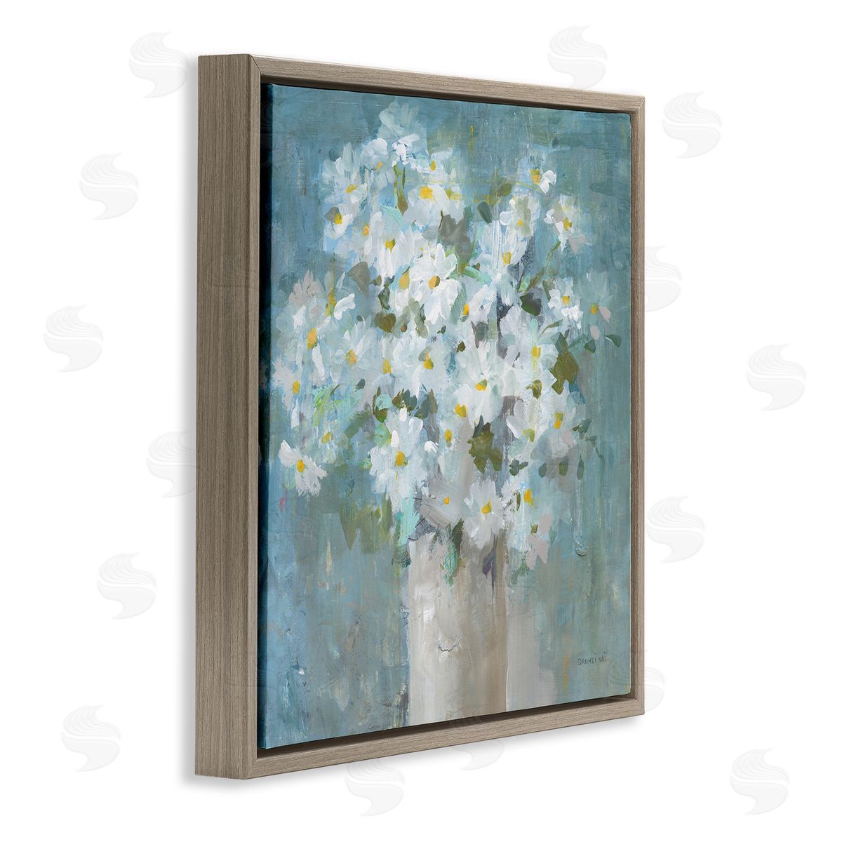 White Daisy Blooms Abstract Flowers Brown Floating Frame Canvas Wall Art, Home Decor by Danhui Nai