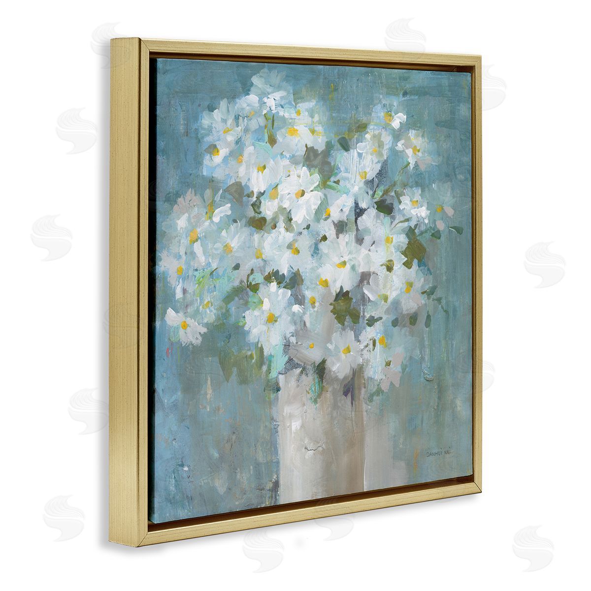 White Daisy Blooms Abstract Flowers Gold Floating Frame Canvas Wall Art, Home Decor by Danhui Nai