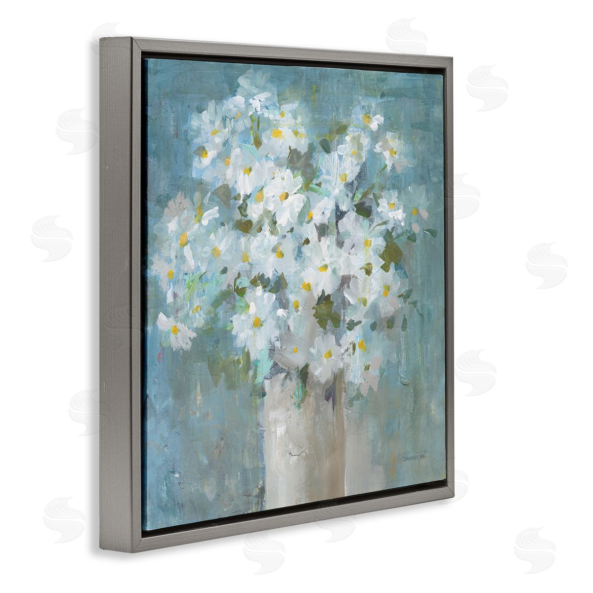 White Daisy Blooms Abstract Flowers Grey Floating Frame Canvas Wall Art, Home Decor by Danhui Nai