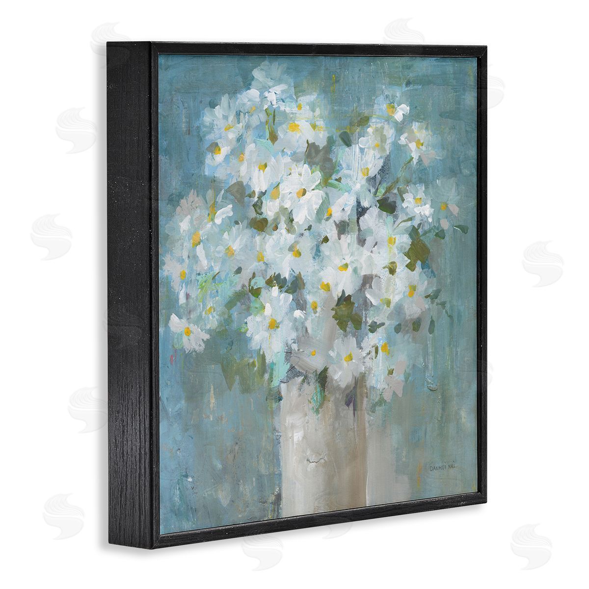 White Daisy Blooms Abstract Flowers Black Frame Print Wall Art, Home Decor by Danhui Nai