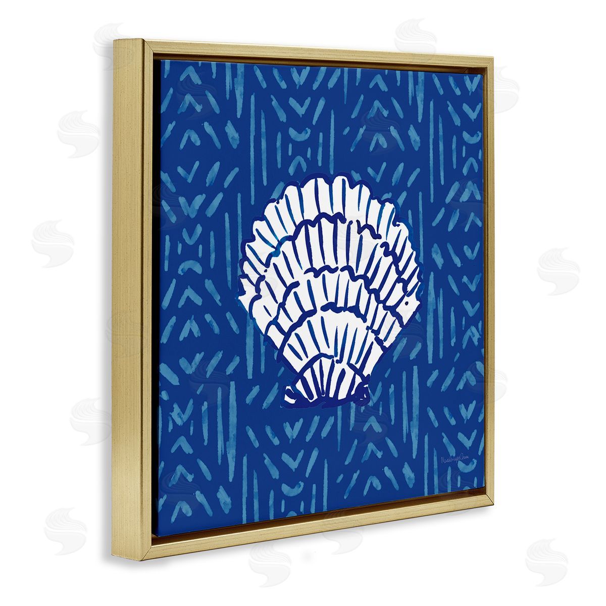 Mercedes Lopez Charro White Clam Shell Patterned Sea Life Gold Floating Frame Canvas Wall Art Print
