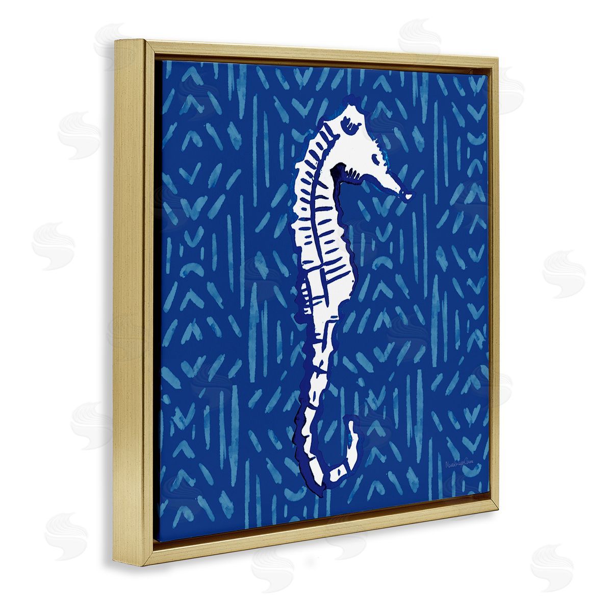 Mercedes Lopez Charro Aquatic Seahorse Marine Life Pattern Gold Floating Frame Canvas Wall Art Print