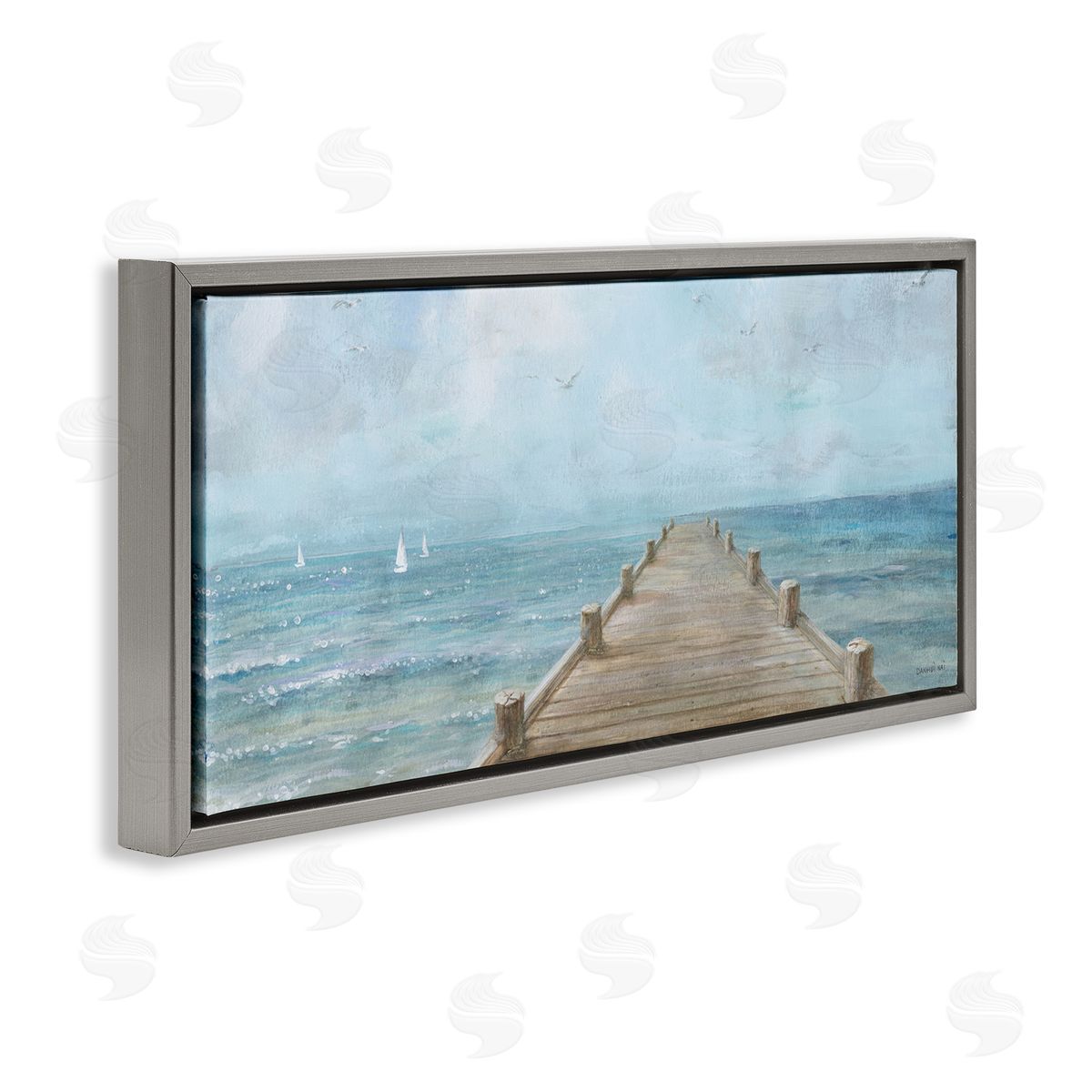 Waterfront Pier Coastal Ocean View Grey Floating Frame Canvas Wall Art, Home Decor by Danhui Nai