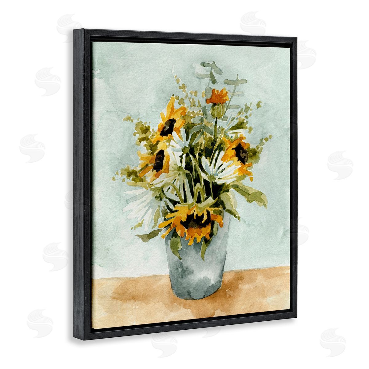 Sunflower Blossom Watercolor Detail Black Floating Frame Canvas Wall Art, Home Decor by Emma Caroline