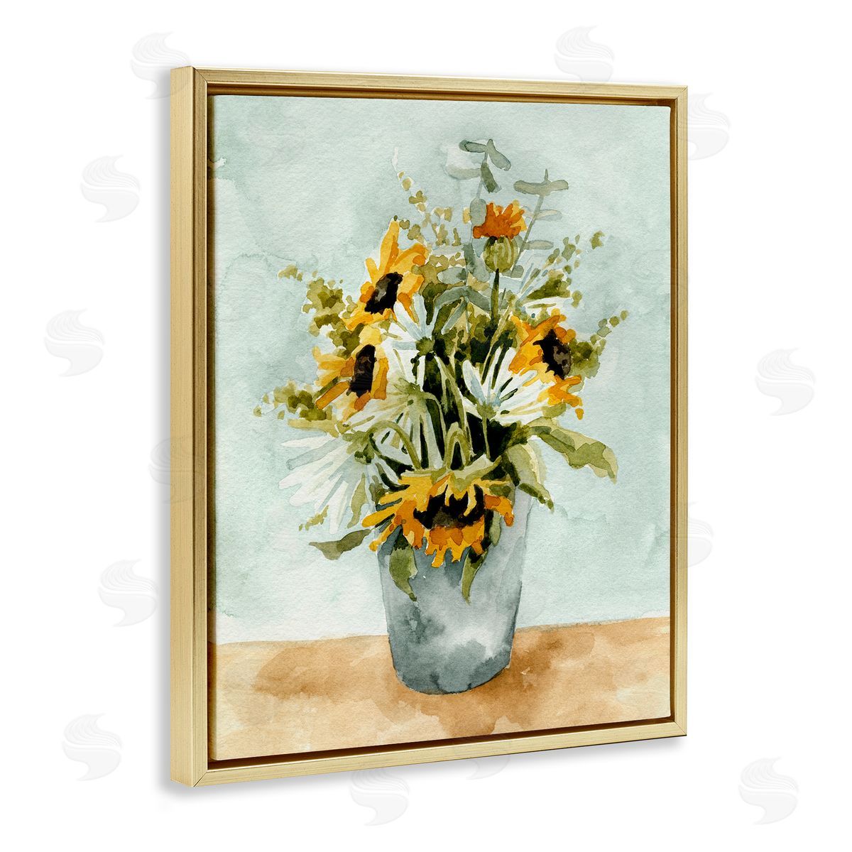 Sunflower Blossom Watercolor Detail Gold Floating Frame Canvas Wall Art, Home Decor by Emma Caroline