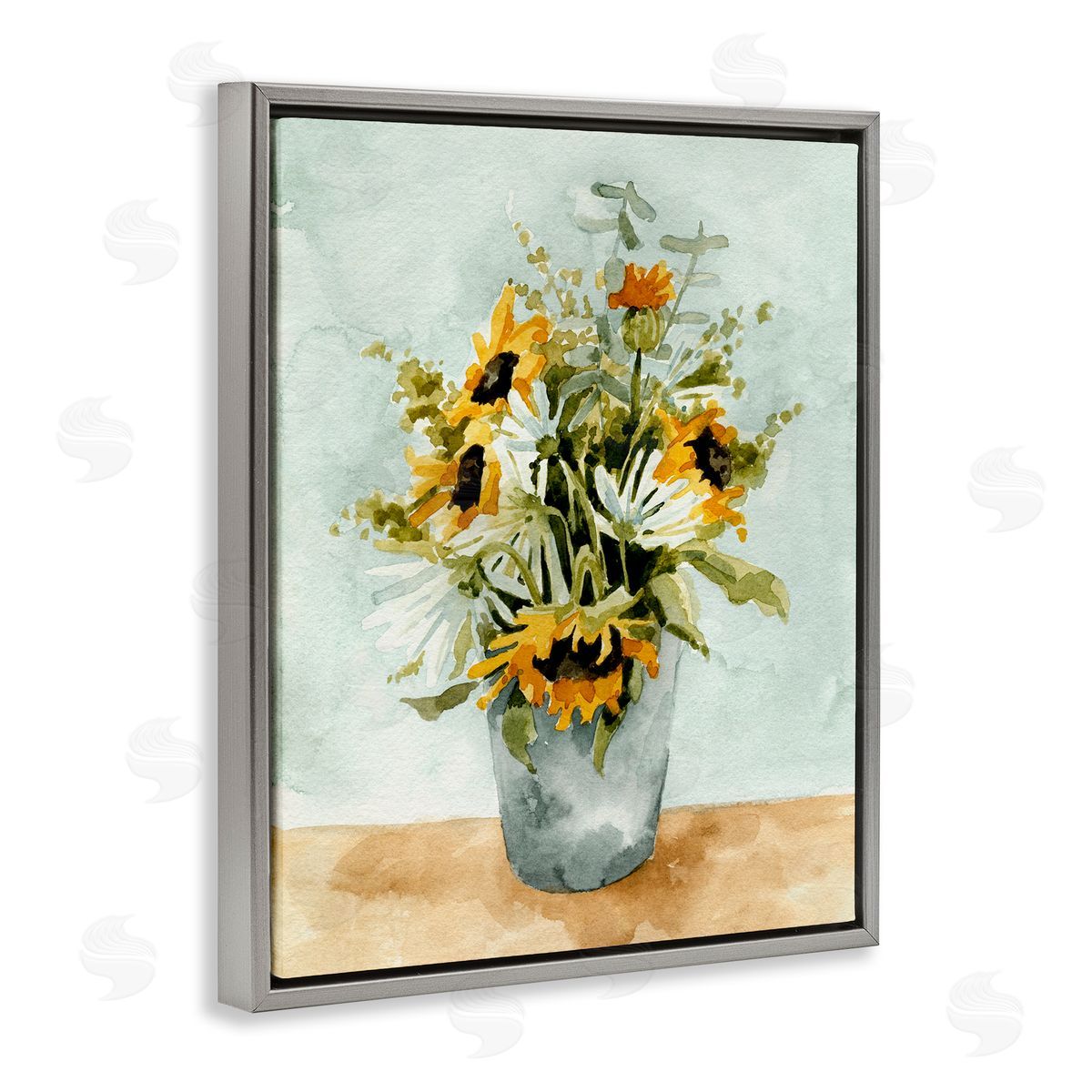 Sunflower Blossom Watercolor Detail Grey Floating Frame Canvas Wall Art, Home Decor by Emma Caroline