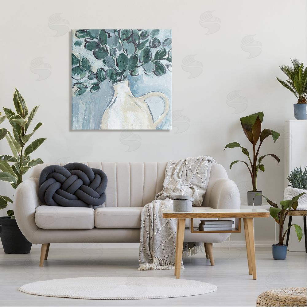 Annie Warren Modern Eucalyptus Plant Leaves Jug Vase Canvas Wall Art in Room