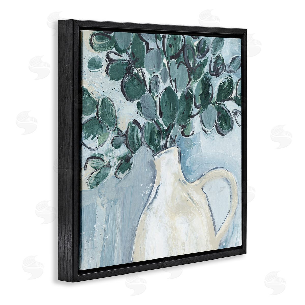 Annie Warren Modern Eucalyptus Plant Leaves Jug Vase Black Floating Frame Canvas Wall Art Print