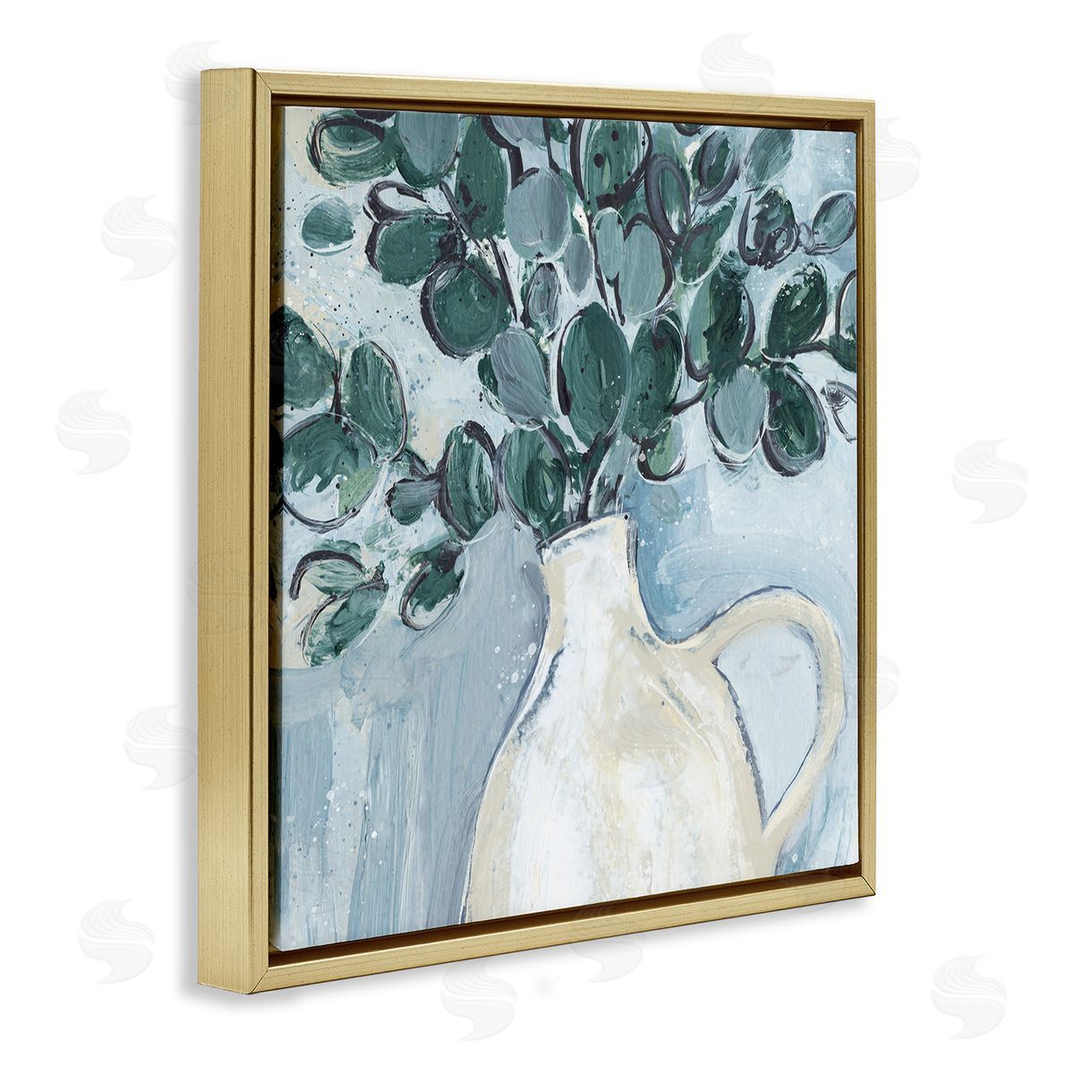Annie Warren Modern Eucalyptus Plant Leaves Jug Vase Gold Floating Frame Canvas Wall Art Print