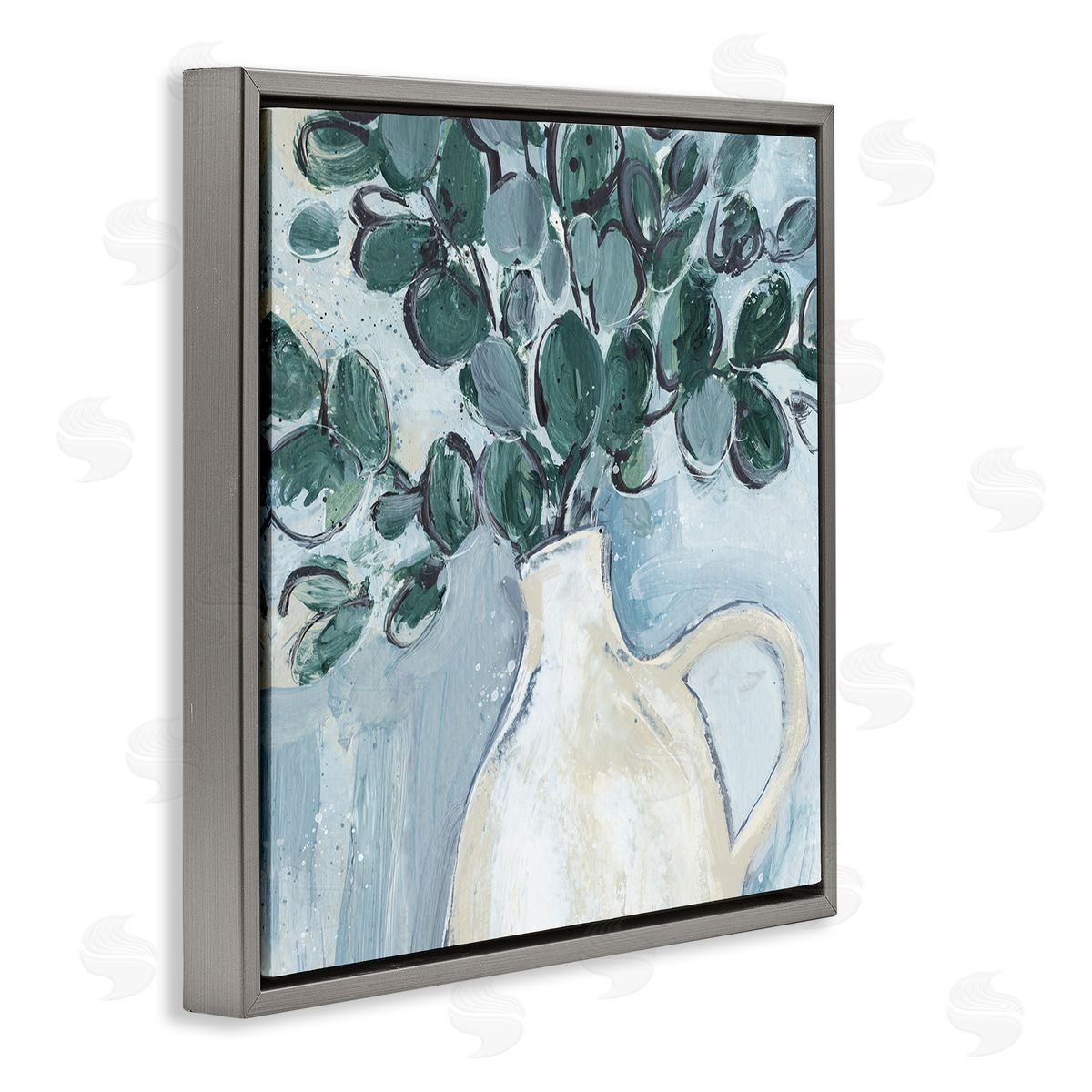 Annie Warren Modern Eucalyptus Plant Leaves Jug Vase Gray Floating Frame Canvas Wall Art Print