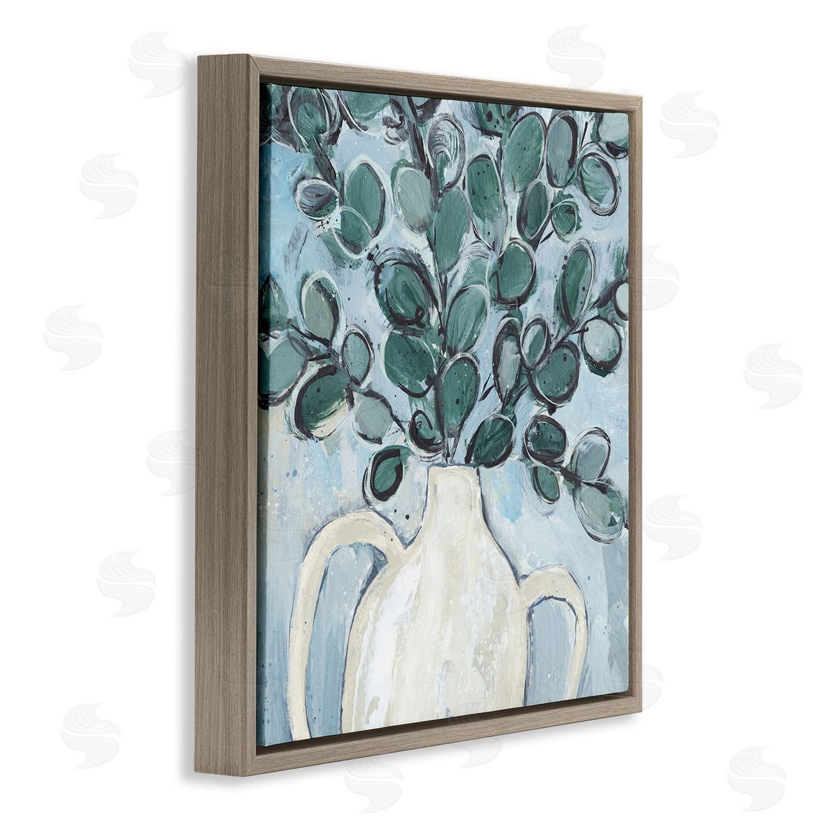 Annie Warren Contemporary Eucalyptus Herb Plant Vase Brown Floating Frame Canvas Wall Art Print