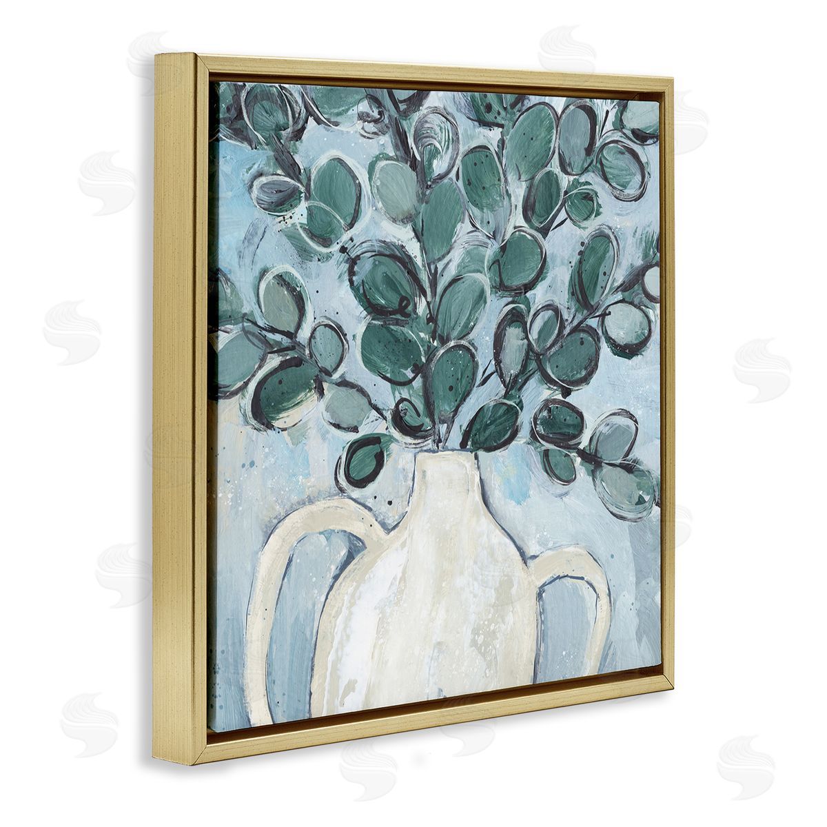 Annie Warren Contemporary Eucalyptus Herb Plant Vase Gold Floating Frame Canvas Wall Art Print