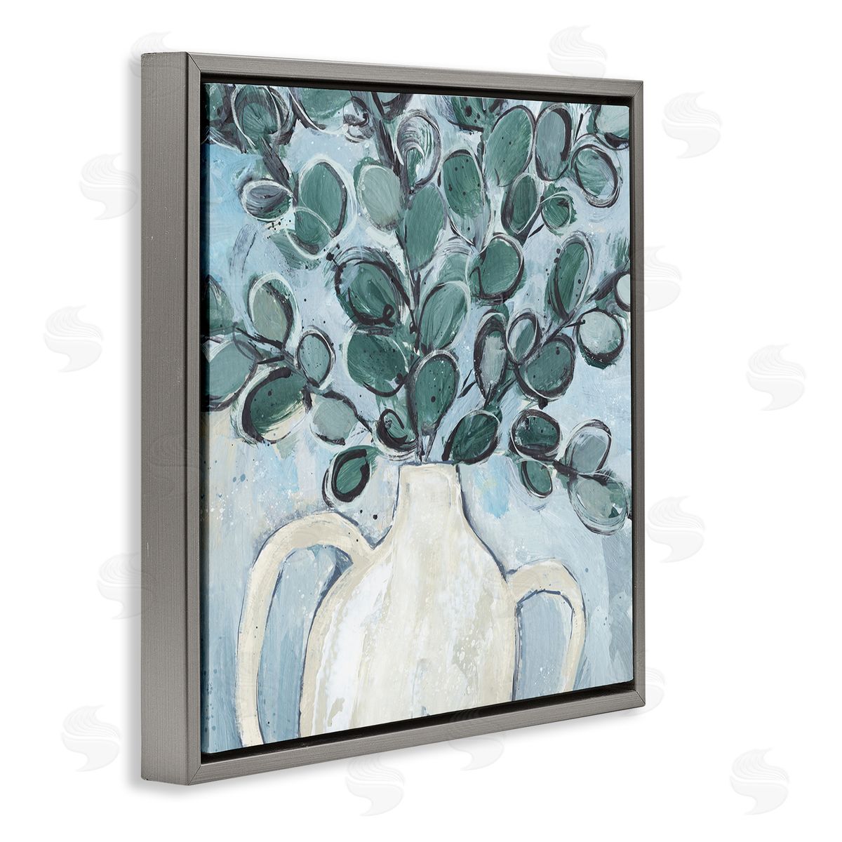 Annie Warren Contemporary Eucalyptus Herb Plant Vase Gray Floating Frame Canvas Wall Art Print