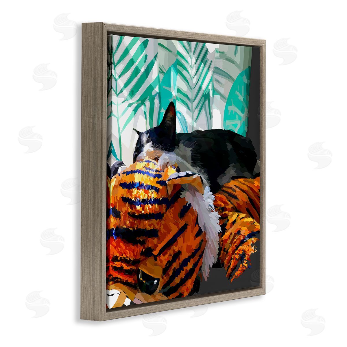 Emily Kalina Cuddling Cat Cozy Relaxing Pet  Brown Floating Frame Canvas Wall Art Print