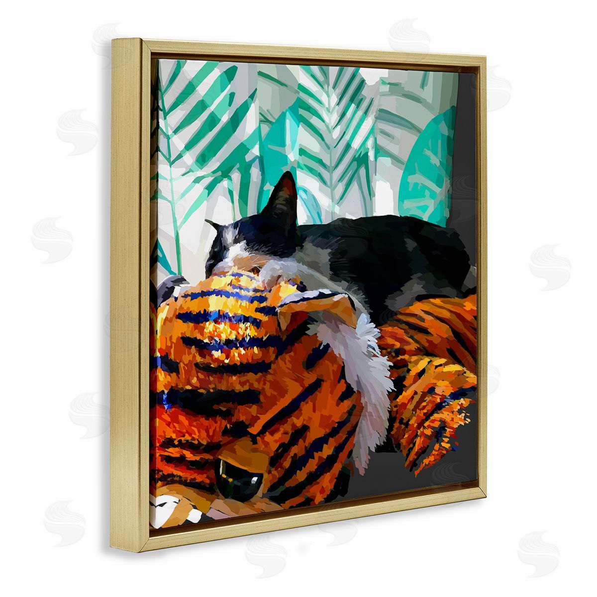 Emily Kalina Cuddling Cat Cozy Relaxing Pet  Gold Floating Frame Canvas Wall Art Print