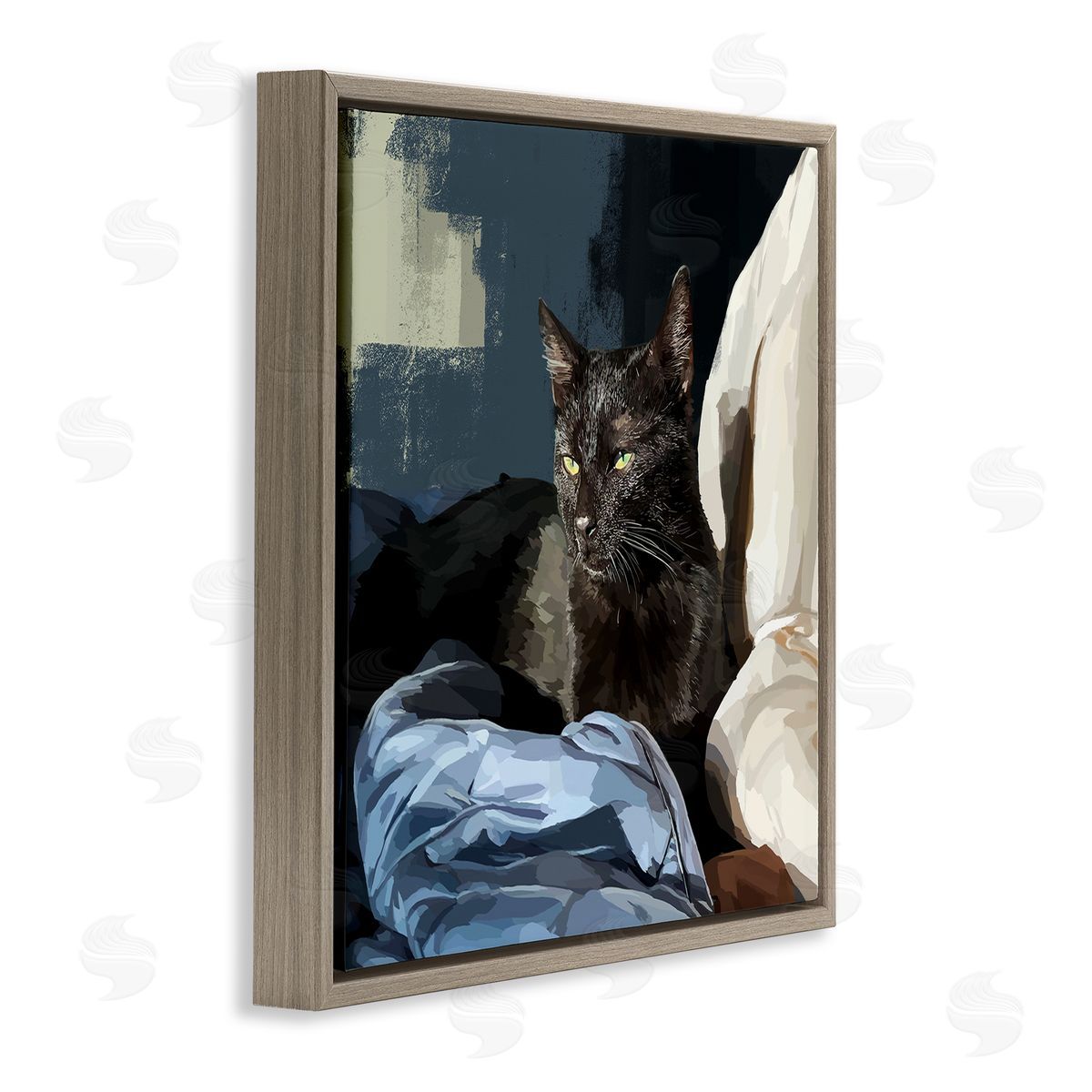 Emily Kalina Black Cat Lounging Comfy Bed Brown Floating Frame Canvas Wall Art Print