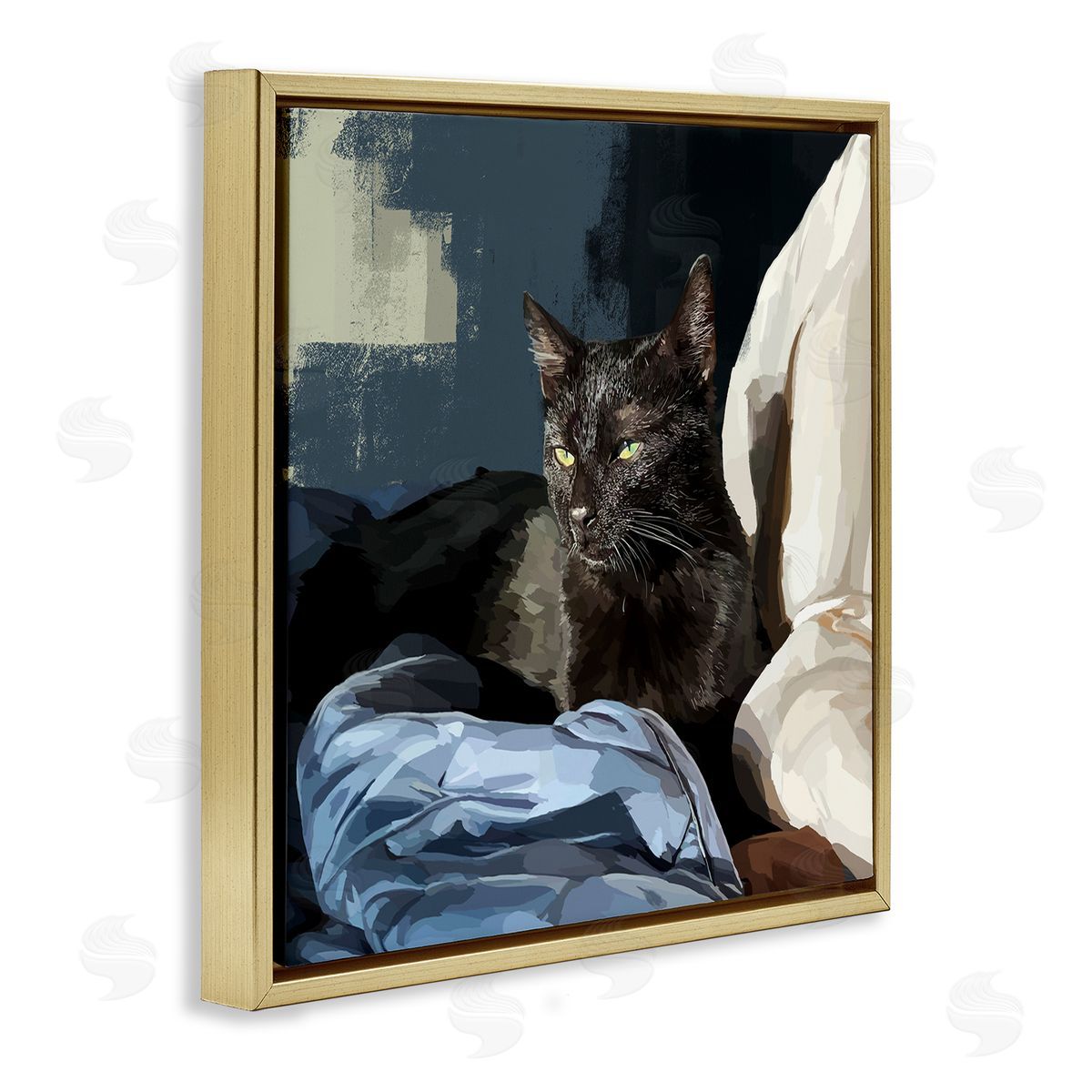 Emily Kalina Black Cat Lounging Comfy Bed Gold Floating Frame Canvas Wall Art Print