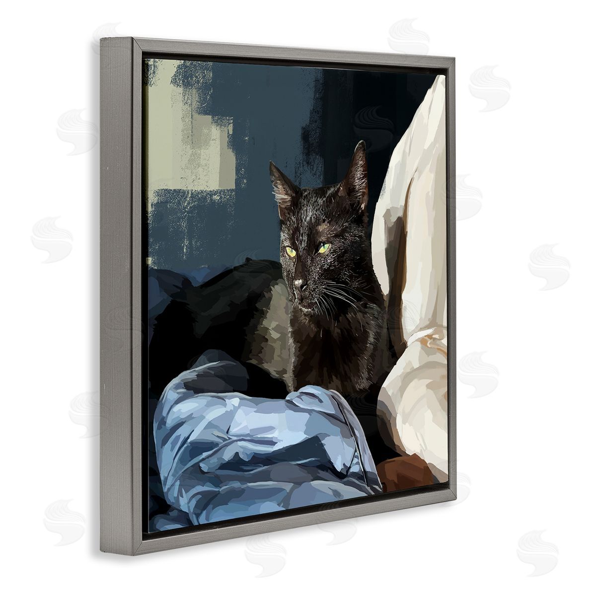 Emily Kalina Black Cat Lounging Comfy Bed Gray Floating Frame Canvas Wall Art Print