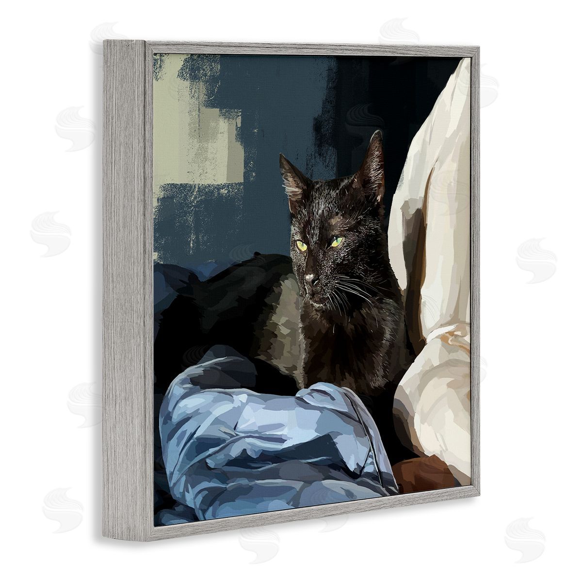 Emily Kalina Black Cat Lounging Comfy Bed Gray Framed Glicee Wall Art Print