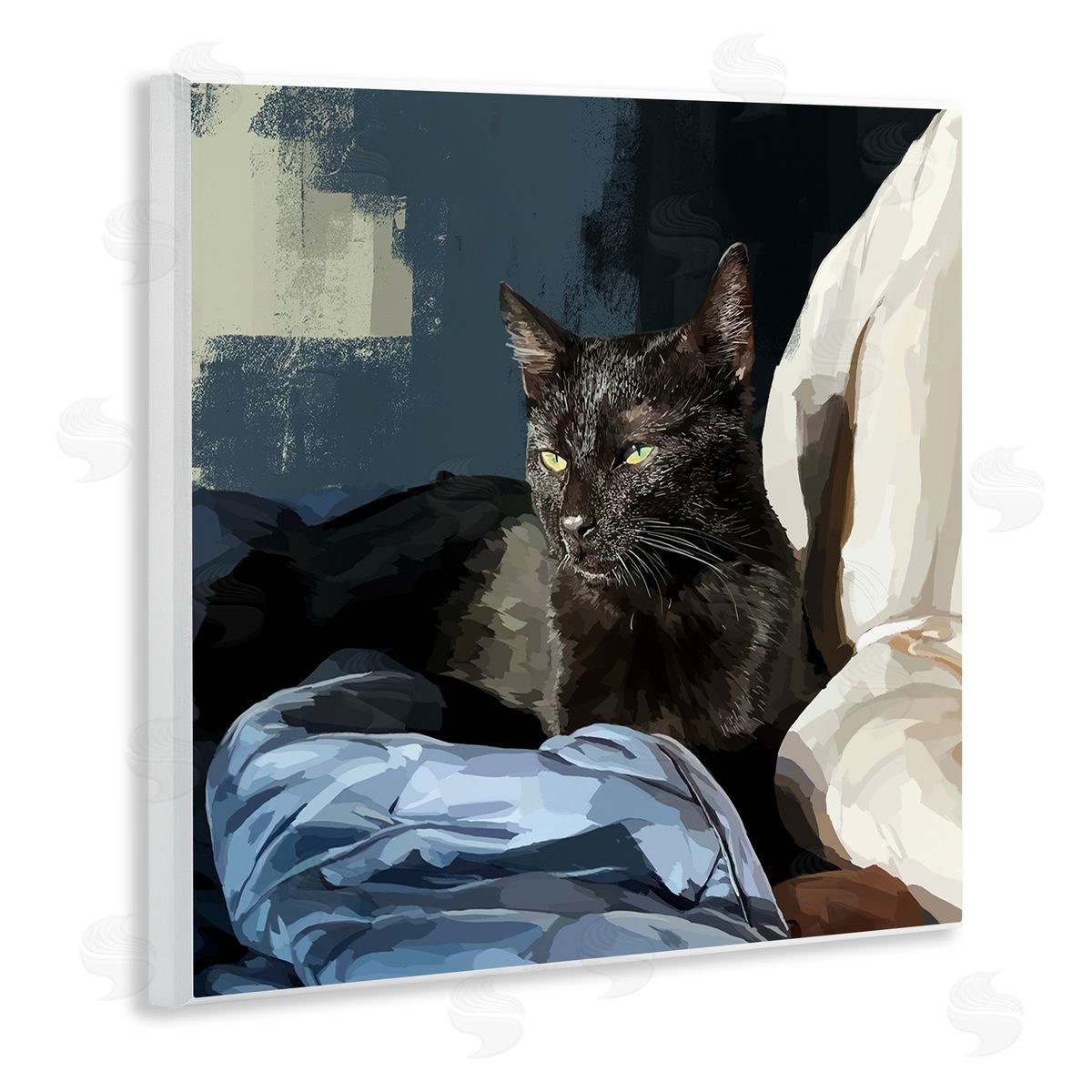 Emily Kalina Black Cat Lounging Comfy Bed Wooden Wall Plaque Art Print
